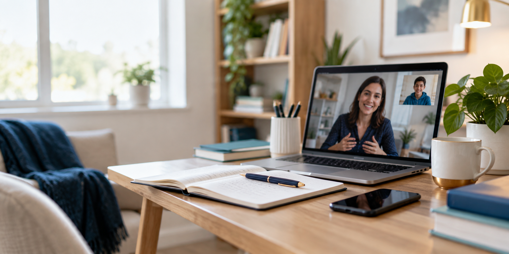 An online tutoring conversation in a bright study space